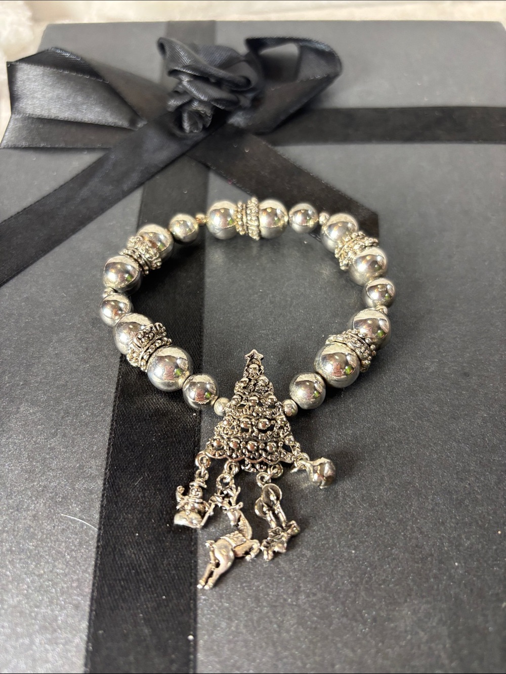 Silver Beaded Charm Bracelet with Ornate Christmas Tree Pendant